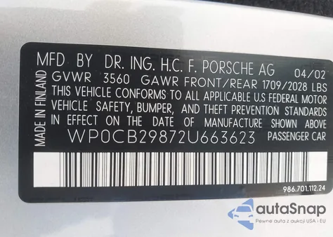 2002 Porsche Boxster S z USA, uszkodzony, nr VIN WP0CB29872U663623